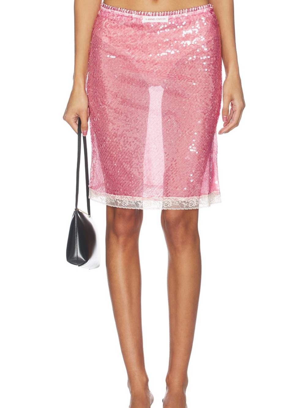 Sequin Lace-Trim Pink Pencil Skirt